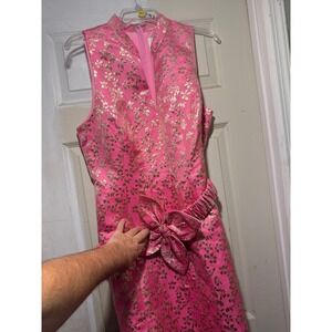 Lilly Pulitzer Shift Dress Women 12 Pink Ditsy Daisy Metallic Floral Brocade Bow